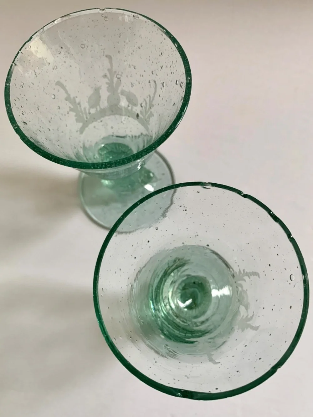 Antique Hand Blown Green Glass Rooster Juice Glasses Set 8 Etched Early American